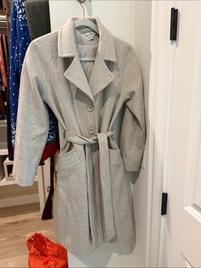 Molly Bracken Light Gray Belted Wool-Blend Trench Coat